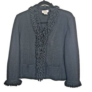 Talbots Jacket‎  Blazer Size Small Black Boiled Wool Fringe Trim Vintage Pockets